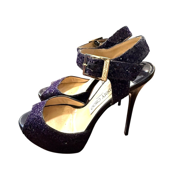 Jimmy Choo 6.5 Coarse Glitter Platform Sandals Stiletto Linda Heels Purple 36.5 - Picture 6 of 10